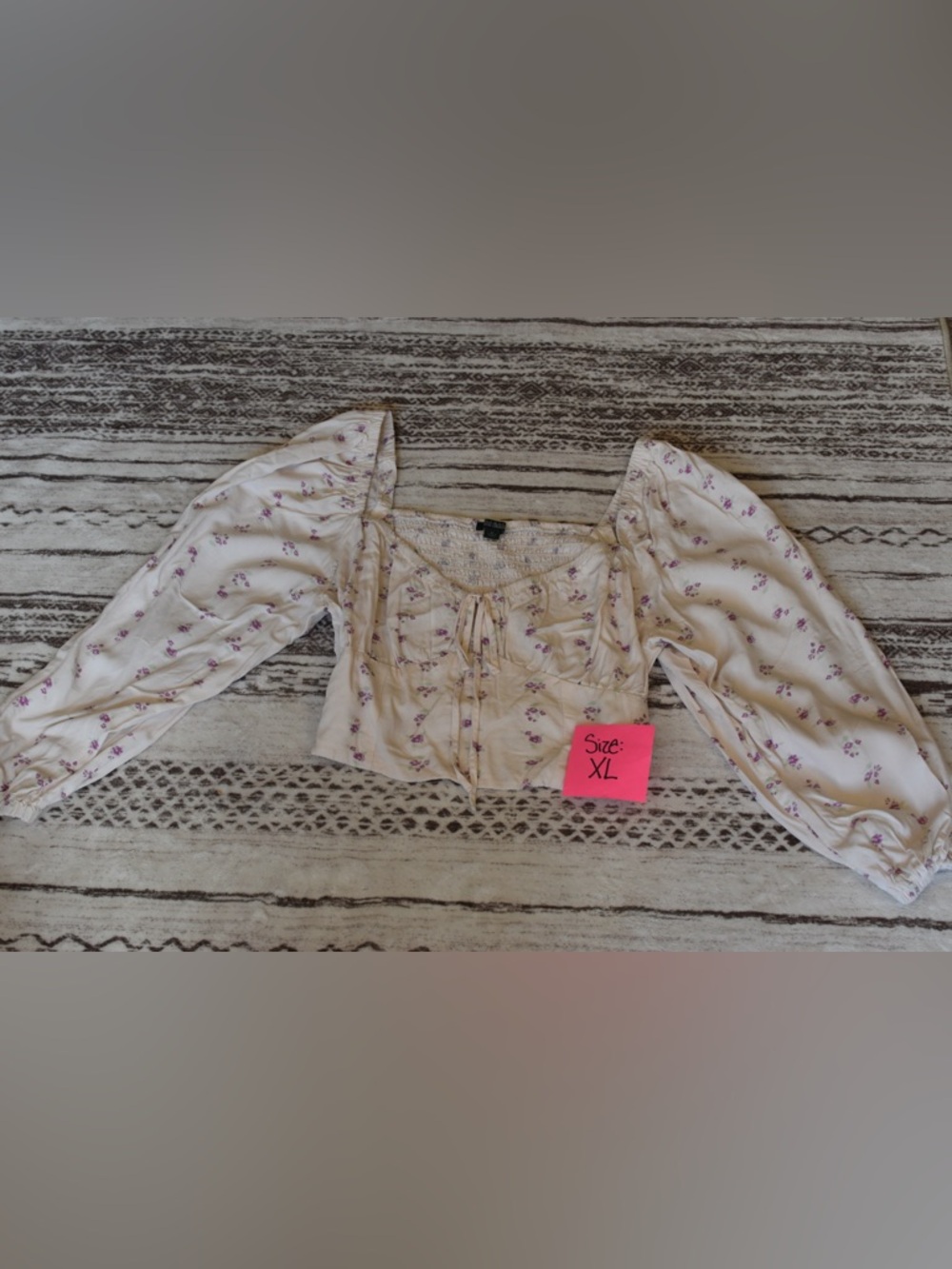 wild fable Cream Floral Puff-Sleeve Tie-Front Crop Top